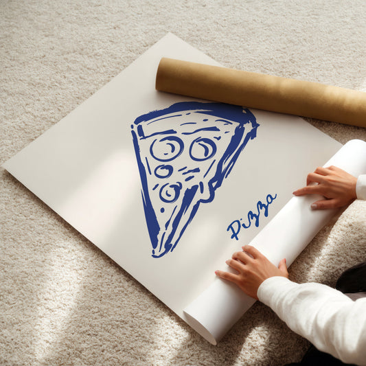 Person unrolling a poster of a pizza slice with 'Pizza' written on it.