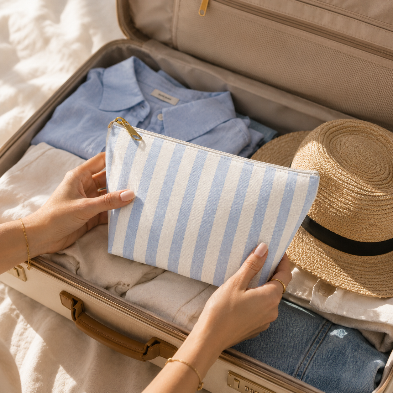 Person packing a blue and white striped pouch into an open suitcase with clothes and a hat.