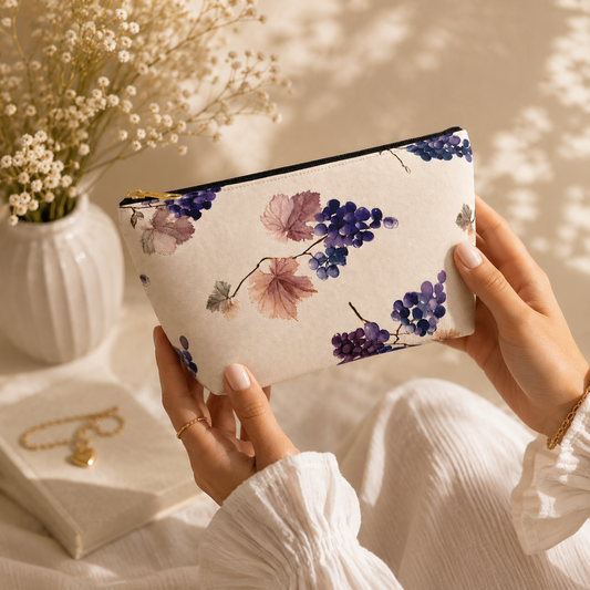 Hand holding a floral pouch with a vase of flowers in the background