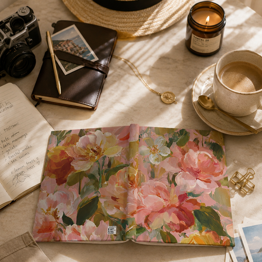 Floral notebook on a table with a camera, notebook, and other items.
