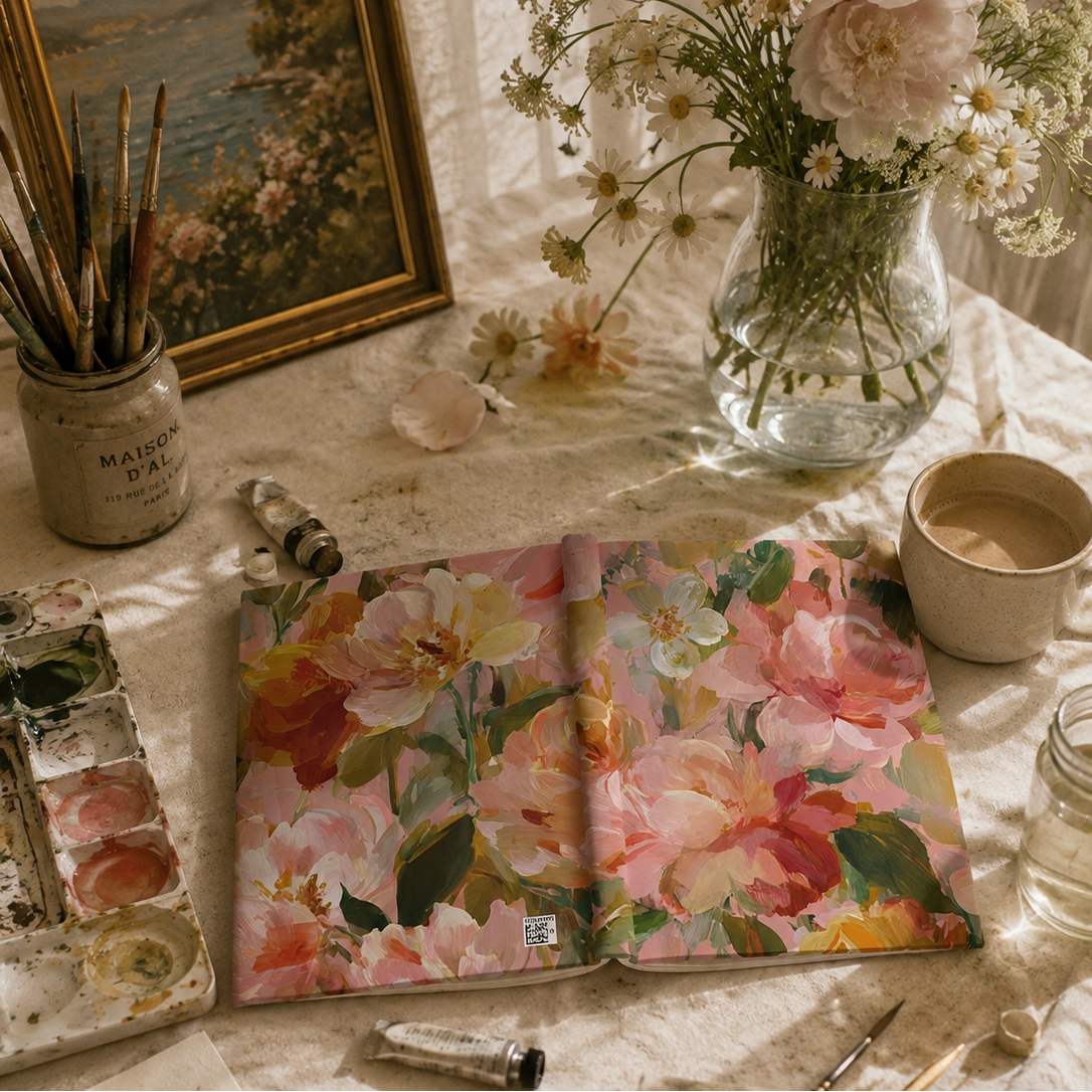 Floral notebook on a table with art supplies and a painting in the background