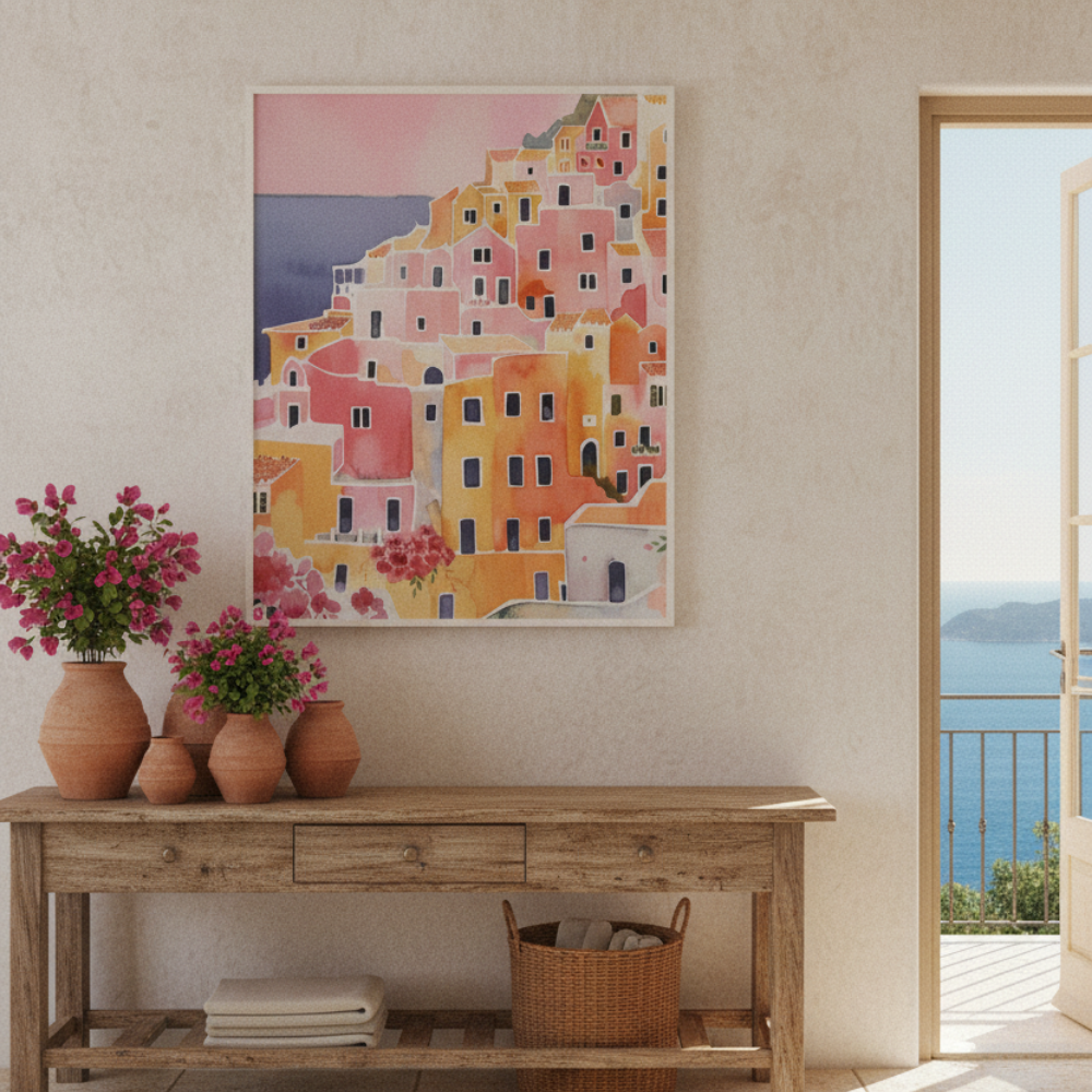 Decorative interior with a wooden console table, flowers, and a colorful painting of a coastal scene.