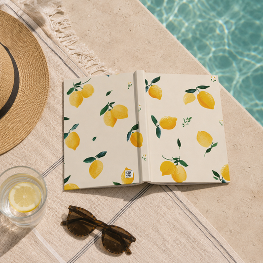 Open notebook with lemon pattern next to a glass of water and sunglasses on a poolside setting