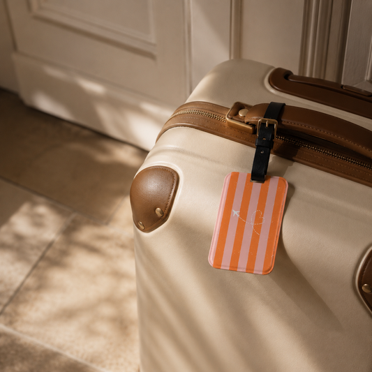 Beige suitcase with a striped luggage tag on a neutral background