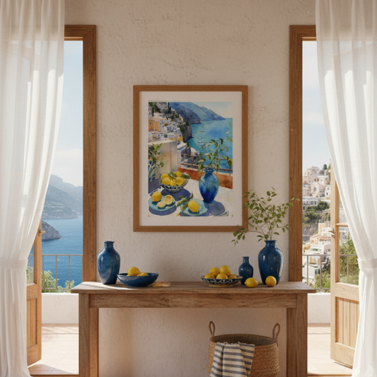 Dining room with wooden table, decorative vases, and a large framed painting of a coastal Positano scene.