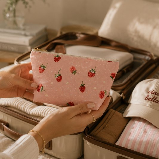 Person holding a pink pouch with strawberry pattern next to a suitcase filled with travel items.
