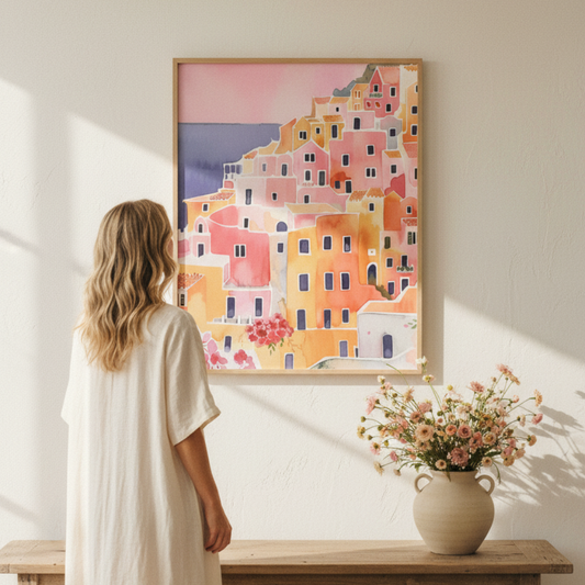 Woman standing in a room with a colorful abstract painting on the wall and a vase of flowers on a table.