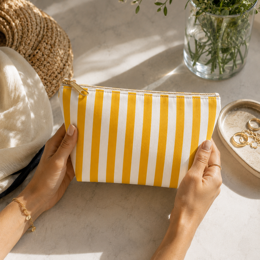 Person holding a yellow and white striped pouch on a light surface with a hat and plant in the background.