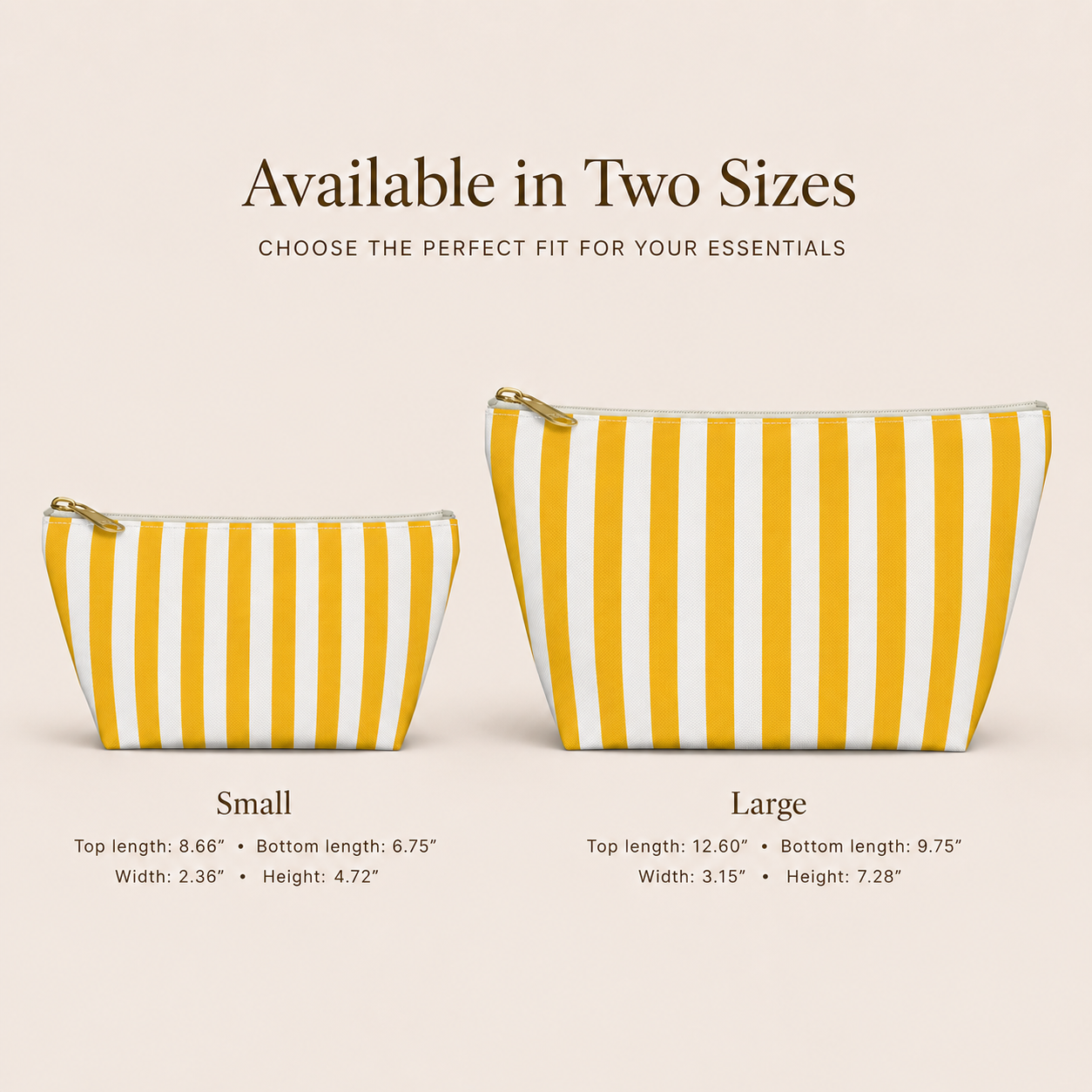 Two yellow and white striped bags, one small and one large, on a beige background with text about size options.