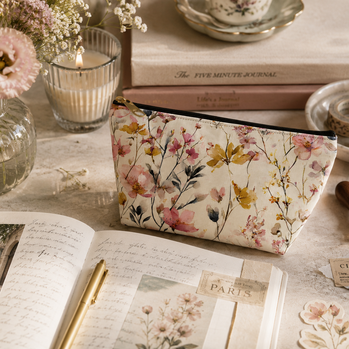 Floral-patterned pouch on a table with books and a candle