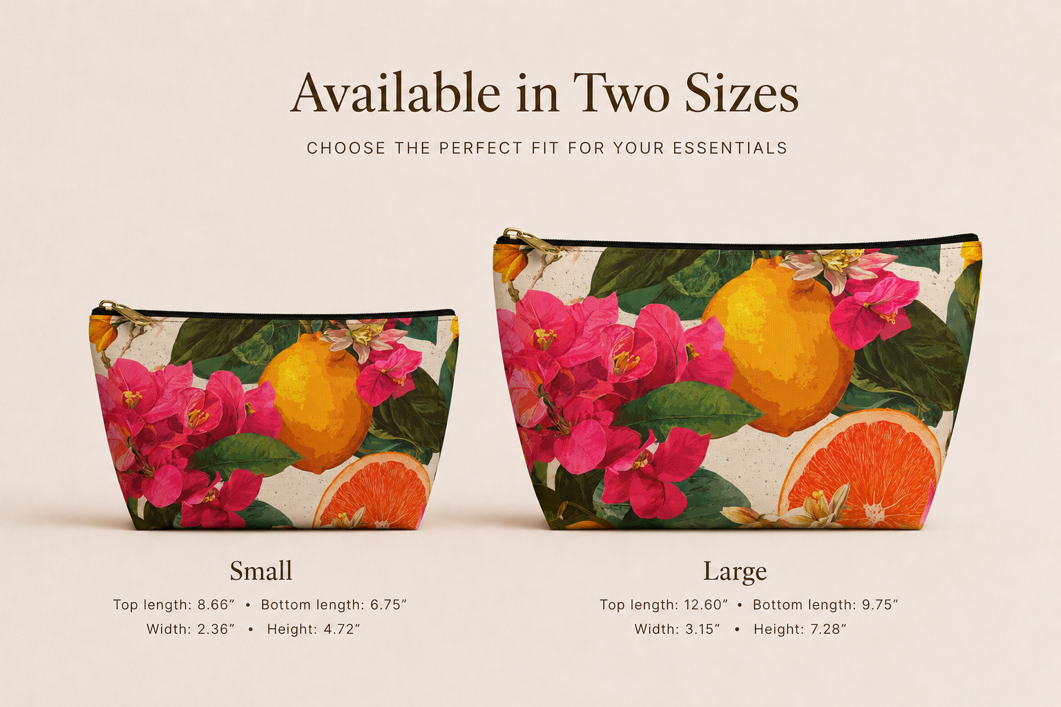 Two floral pouches with citrus design, one small and one large, on a beige background.