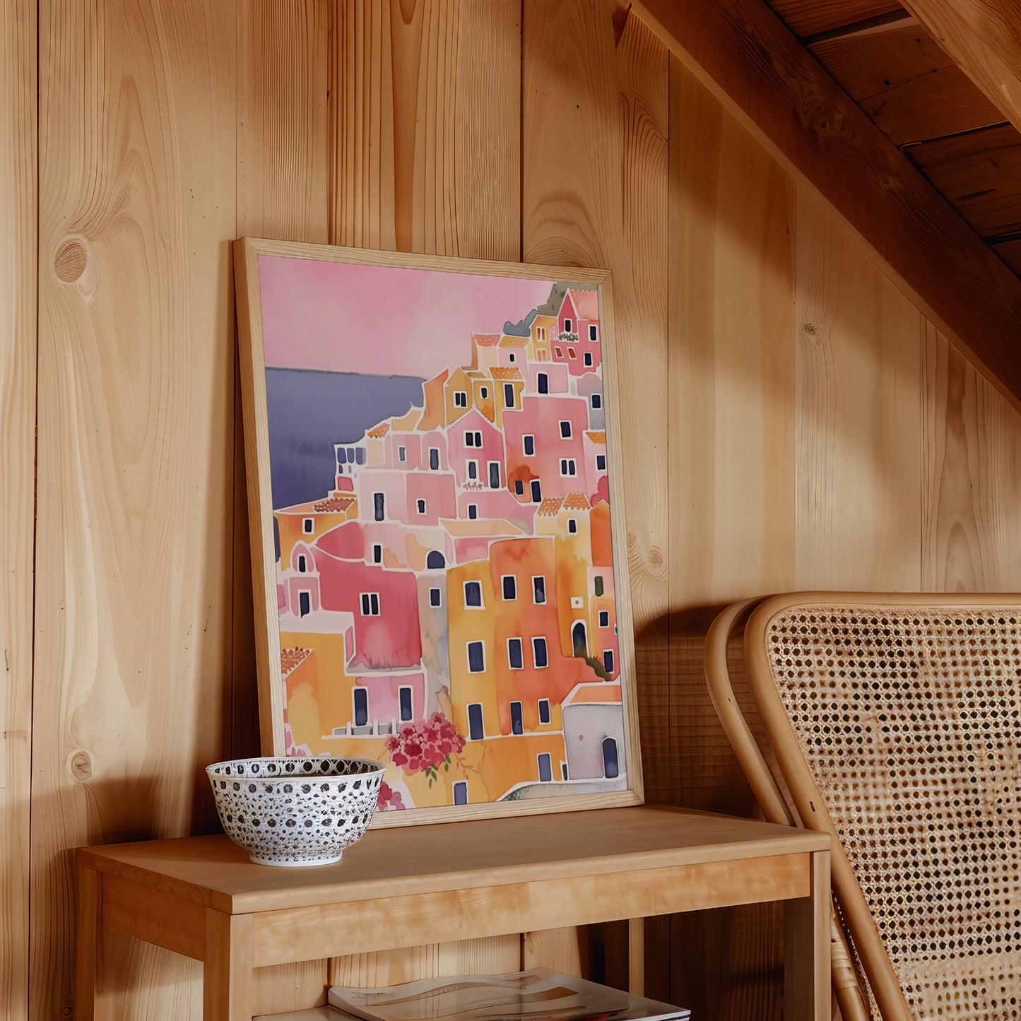 Framed artwork of colorful houses on a wooden shelf with a wicker chair in the background.
