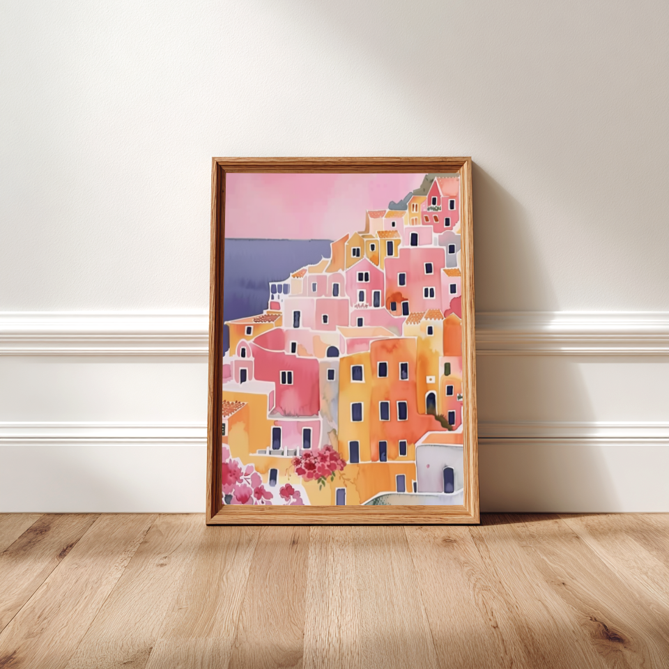 Framed artwork of colorful houses in Positano