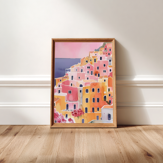 Framed artwork of colorful houses in Positano