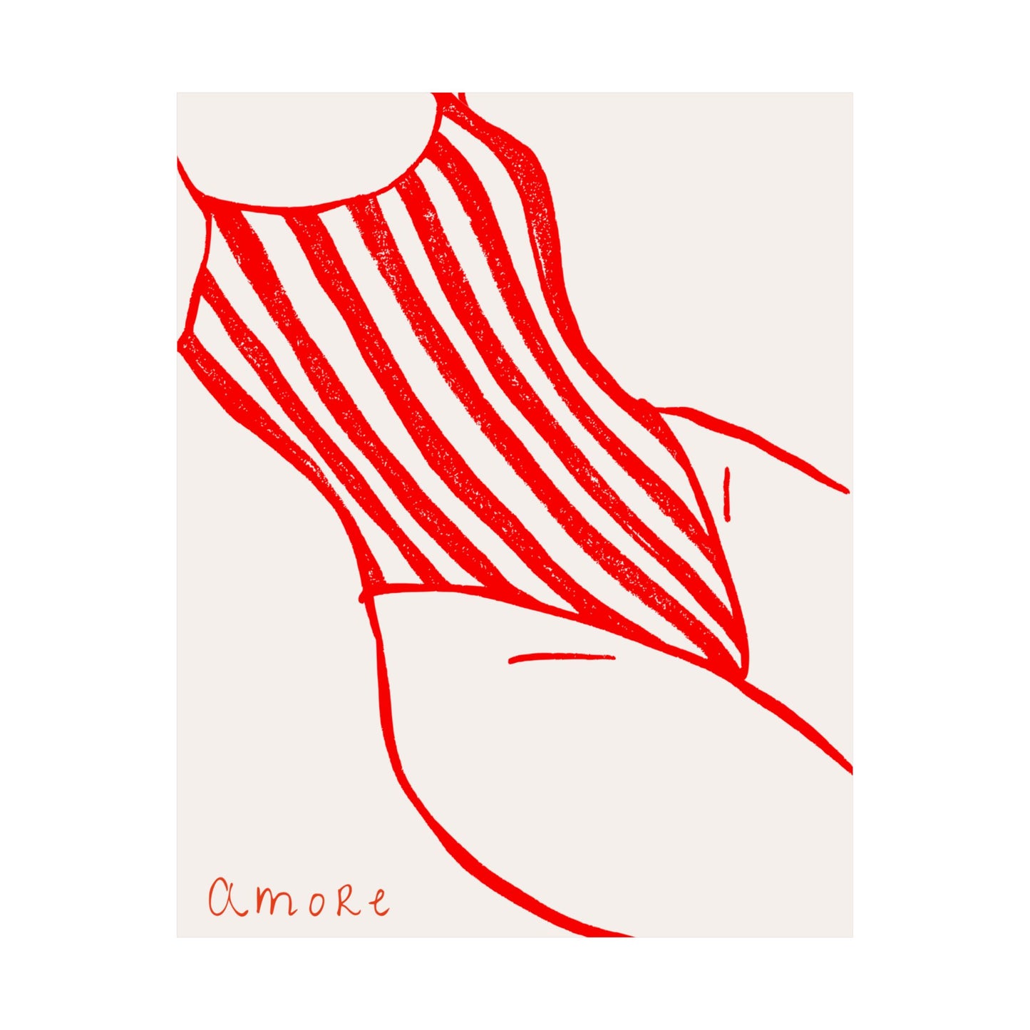 Red striped swimsuit design on a white background with 'amore' text.