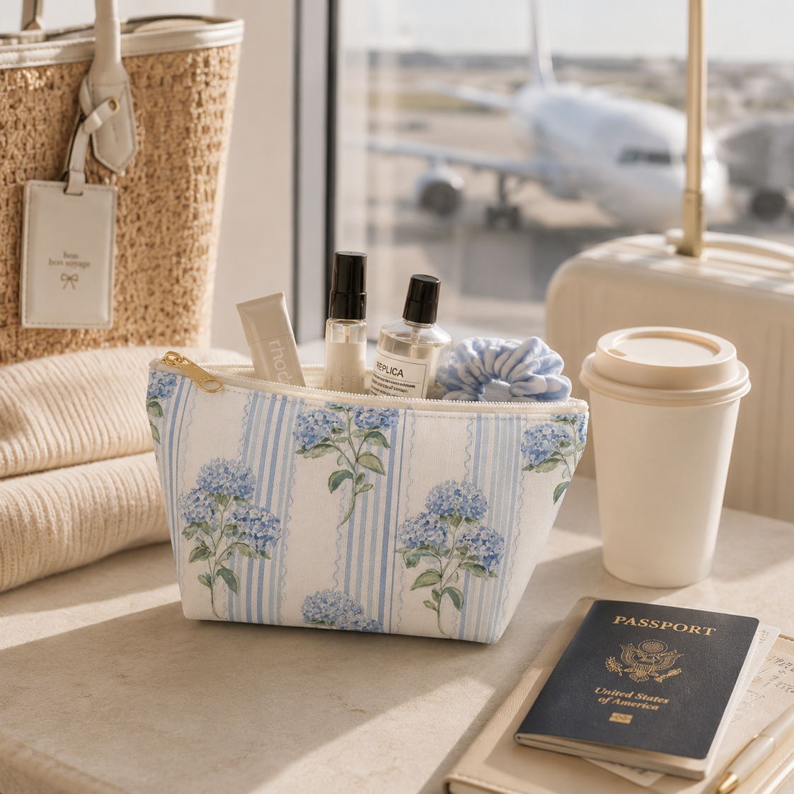 Travel items including a floral pouch, coffee cup, and passport on a table with an airplane visible through a window.