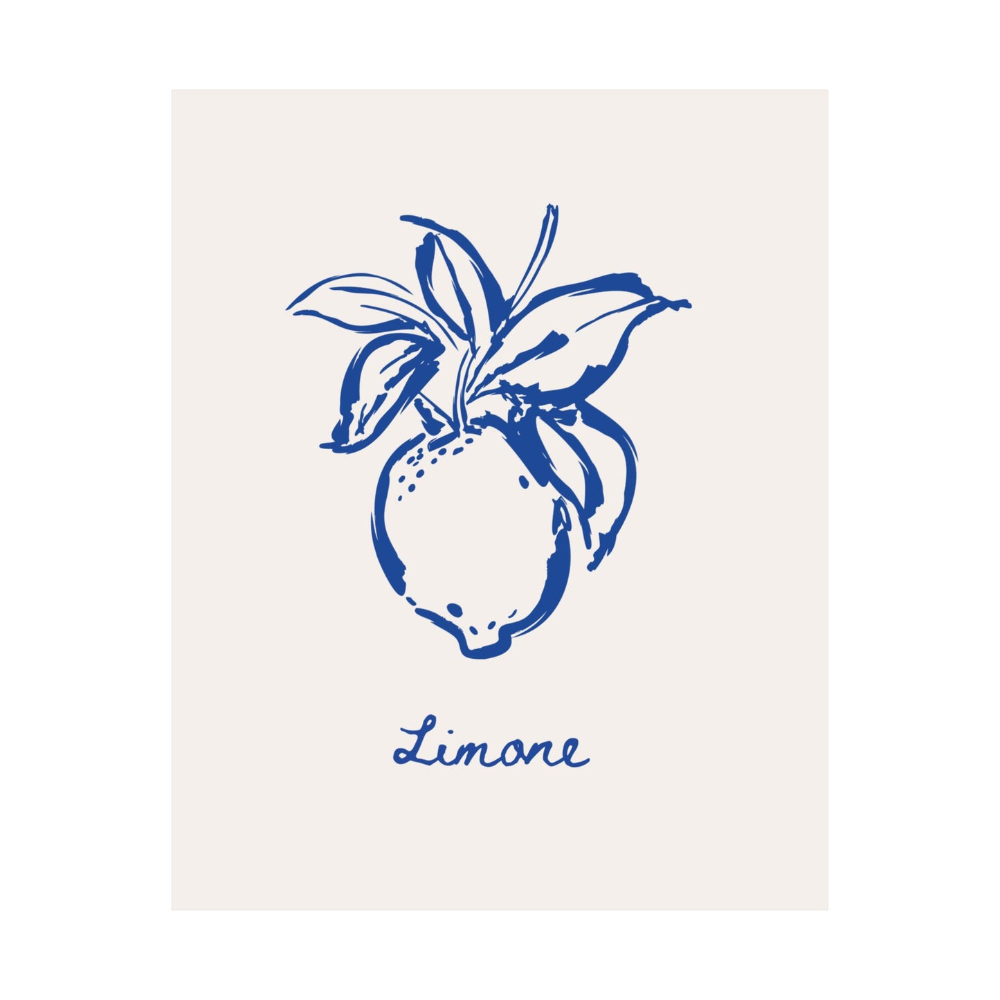 Blue illustration of a lemon with leaves on a beige background