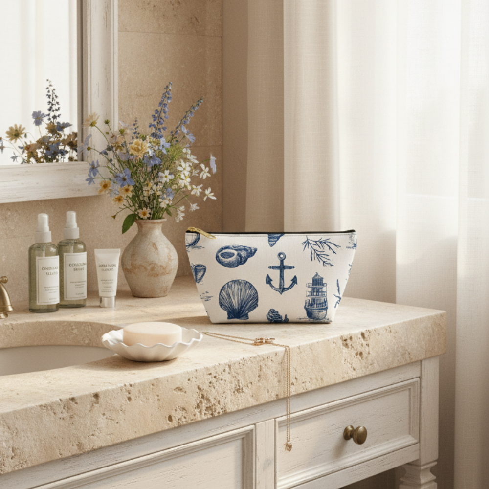 Bathroom vanity with decorative items including a floral arrangement and a pouch with an anchor design.