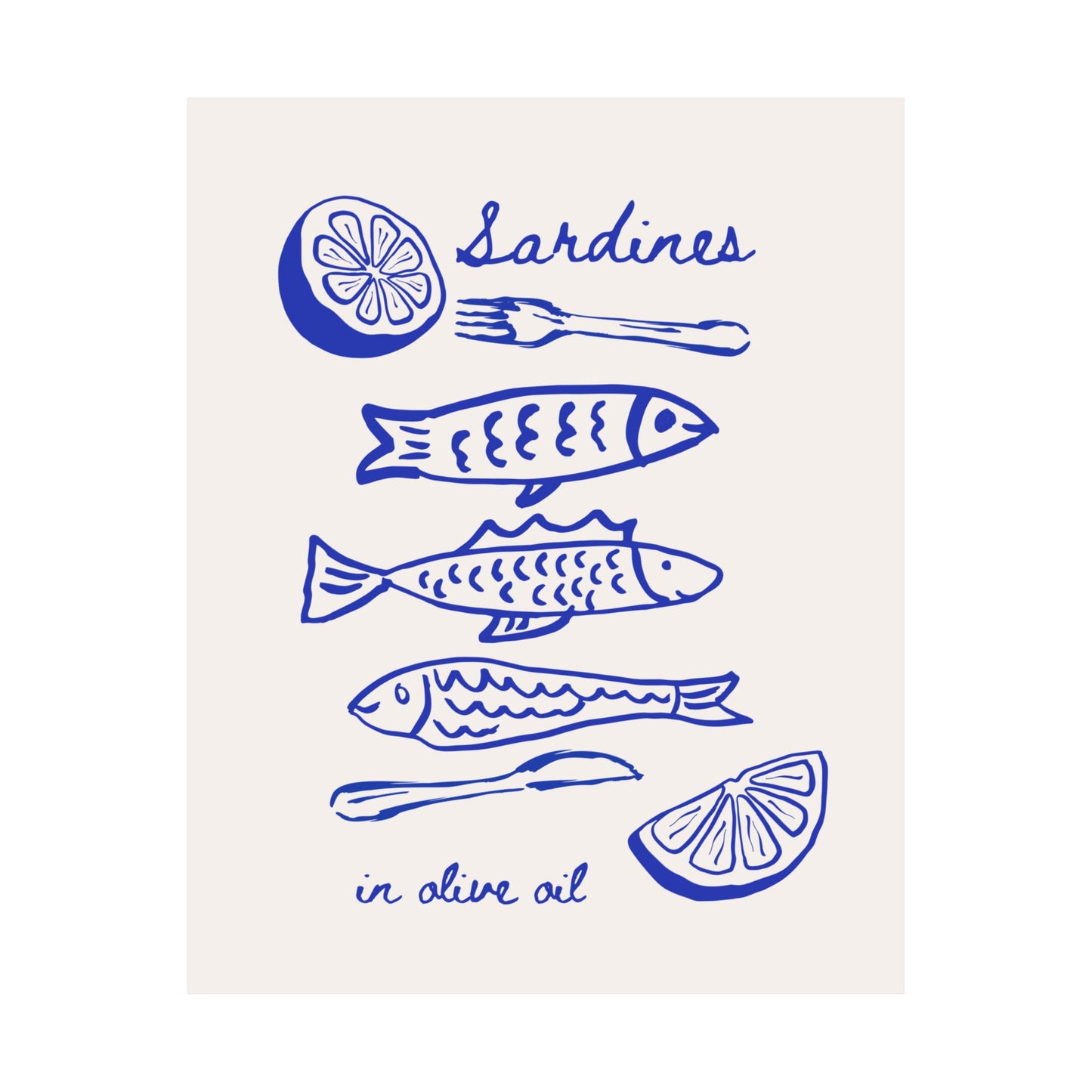 Art Print with blue sardine illustrations and text on a white background