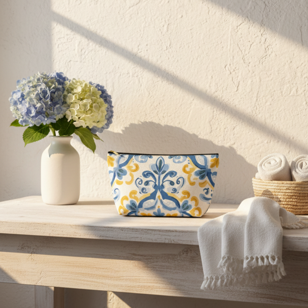 Decorative pouch with floral pattern on a wooden surface with a vase of flowers and a basket in the background.