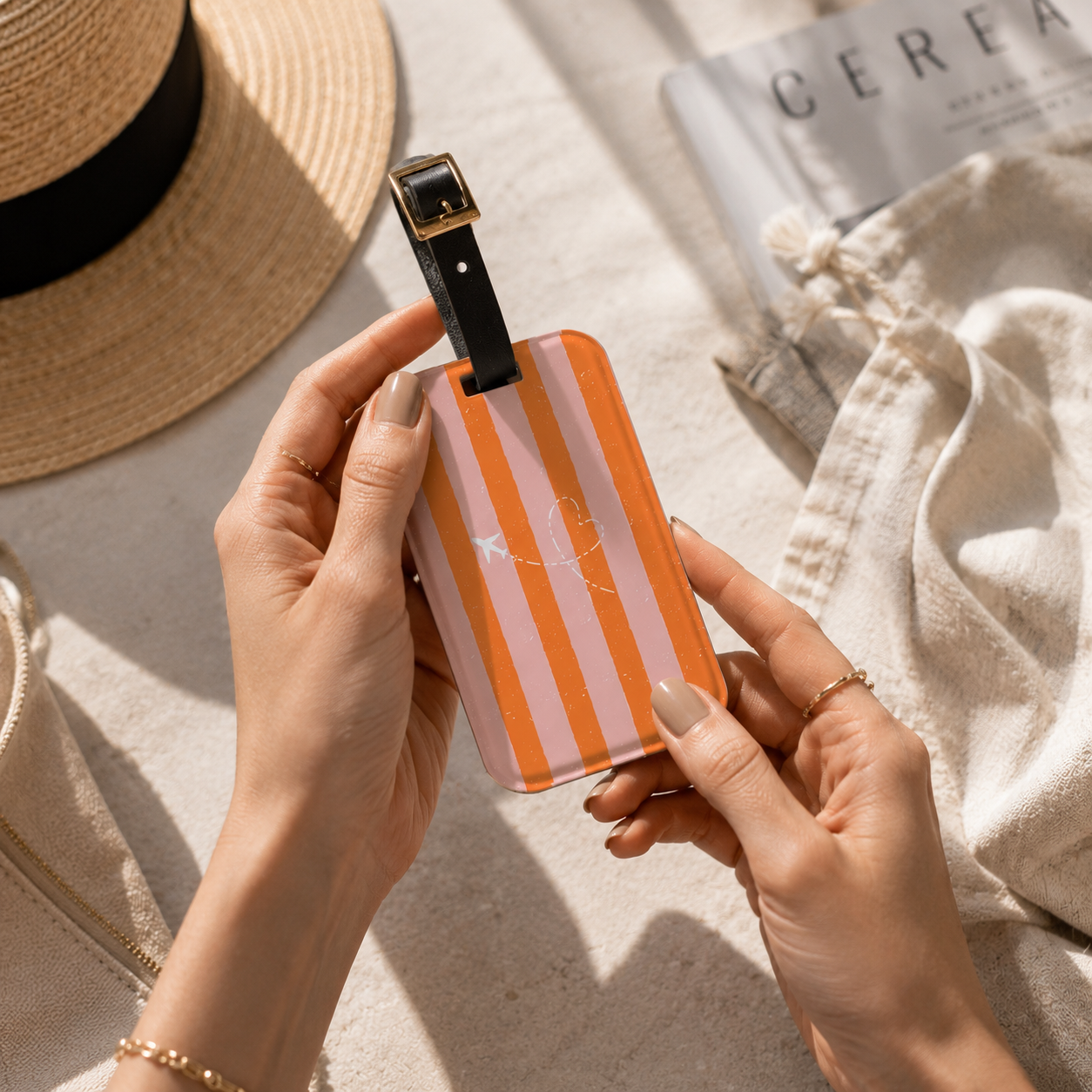 Luggage Tag Retro Stripes with Leather Strap