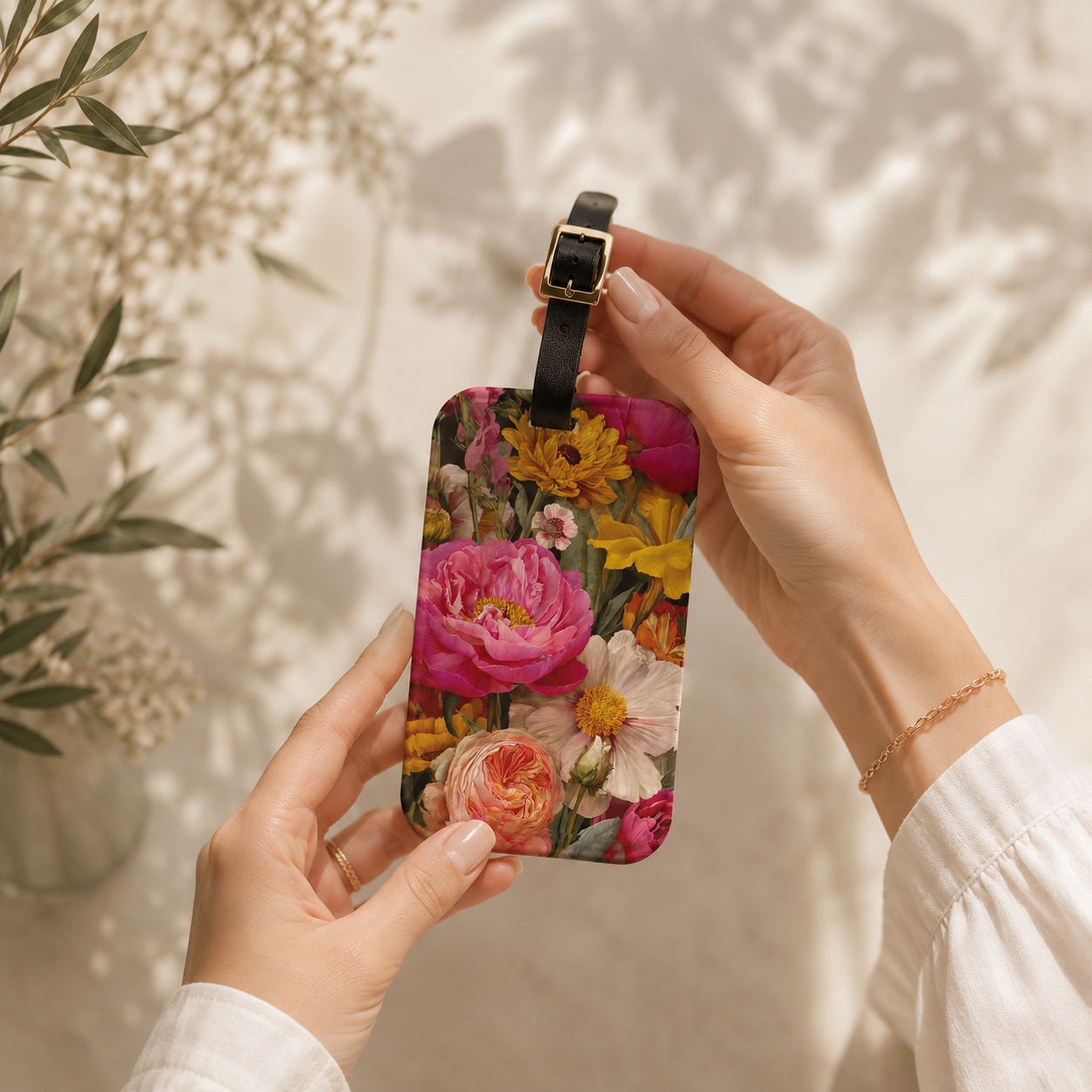 Garden Flowers Luggage Tag with Leather Strap