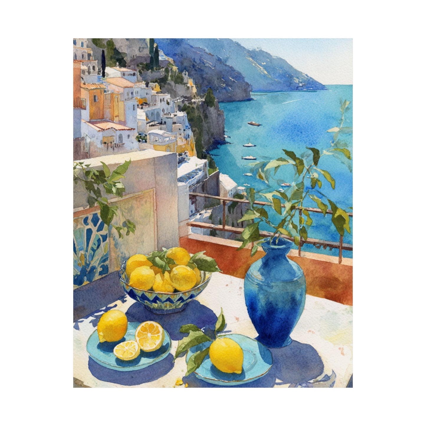 Scenic view of coastal town with lemons and a blue vase on a table.
