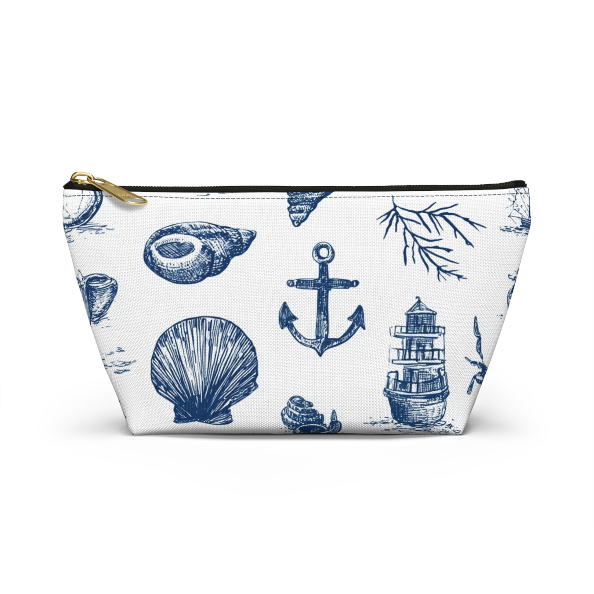 Pouch with nautical design featuring shells, anchor, and ship on a white background