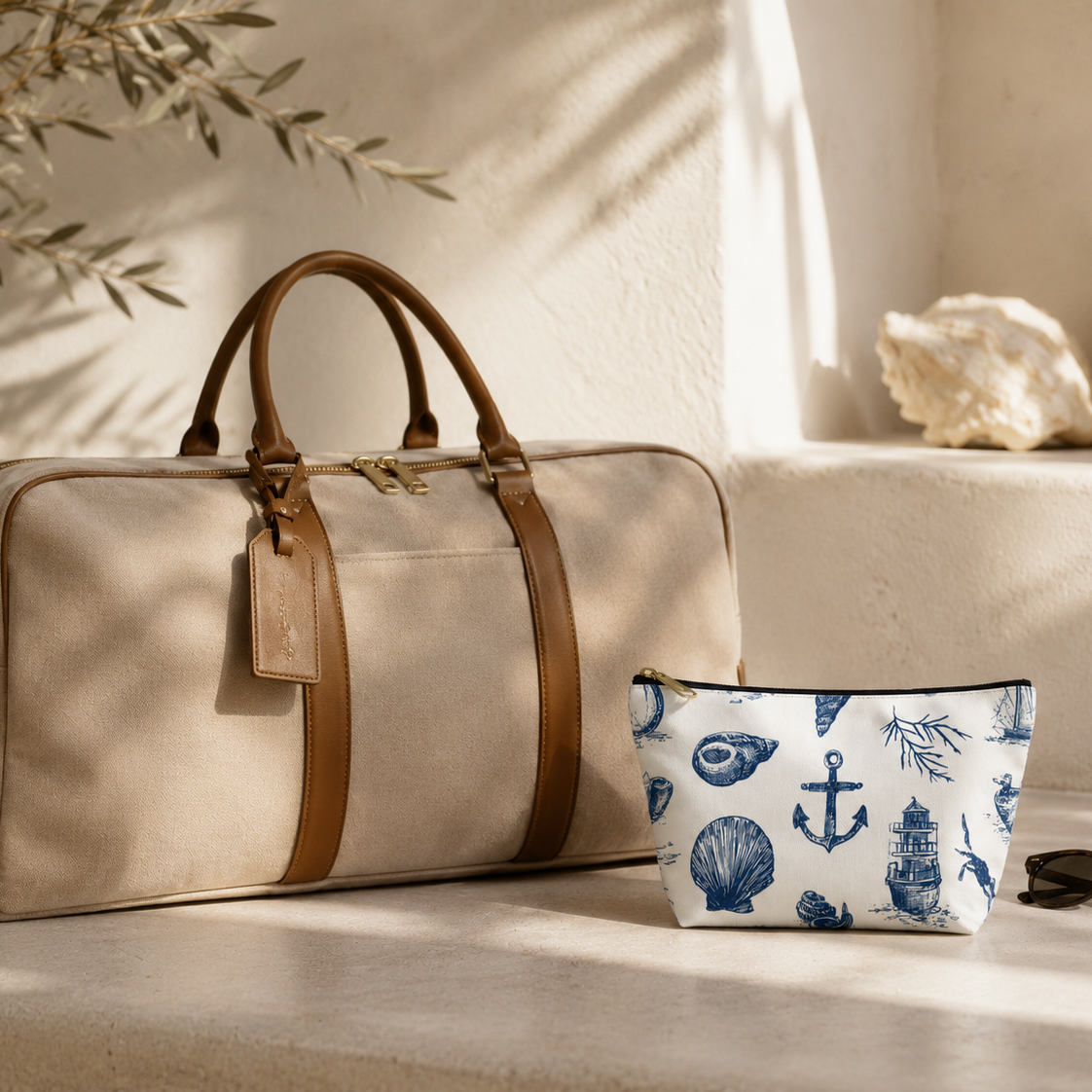 Beige travel bag with brown handles and trim, next to a small pouch with blue anchor design on a light surface.
