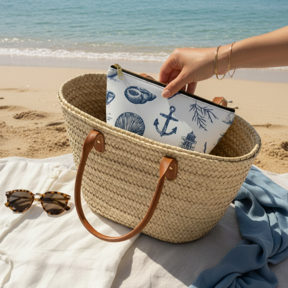 Person holding a beach pouch with ocean design next to a straw bag on a sandy beach.