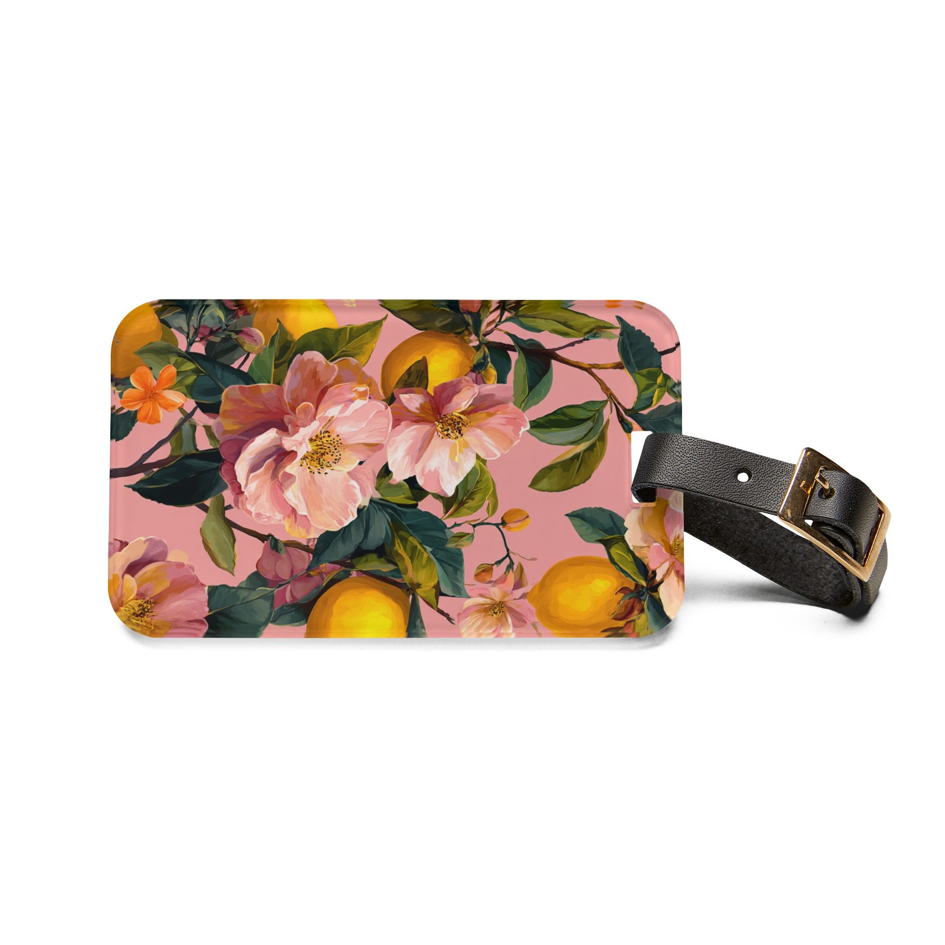 Luggage tag with floral and fruit design on a pink background
