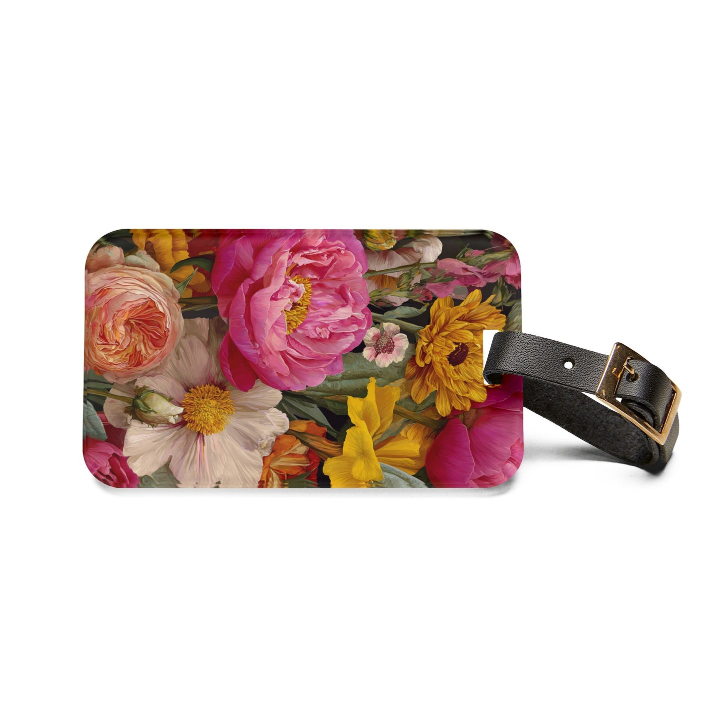 Floral-patterned luggage tag with a black strap on a white background