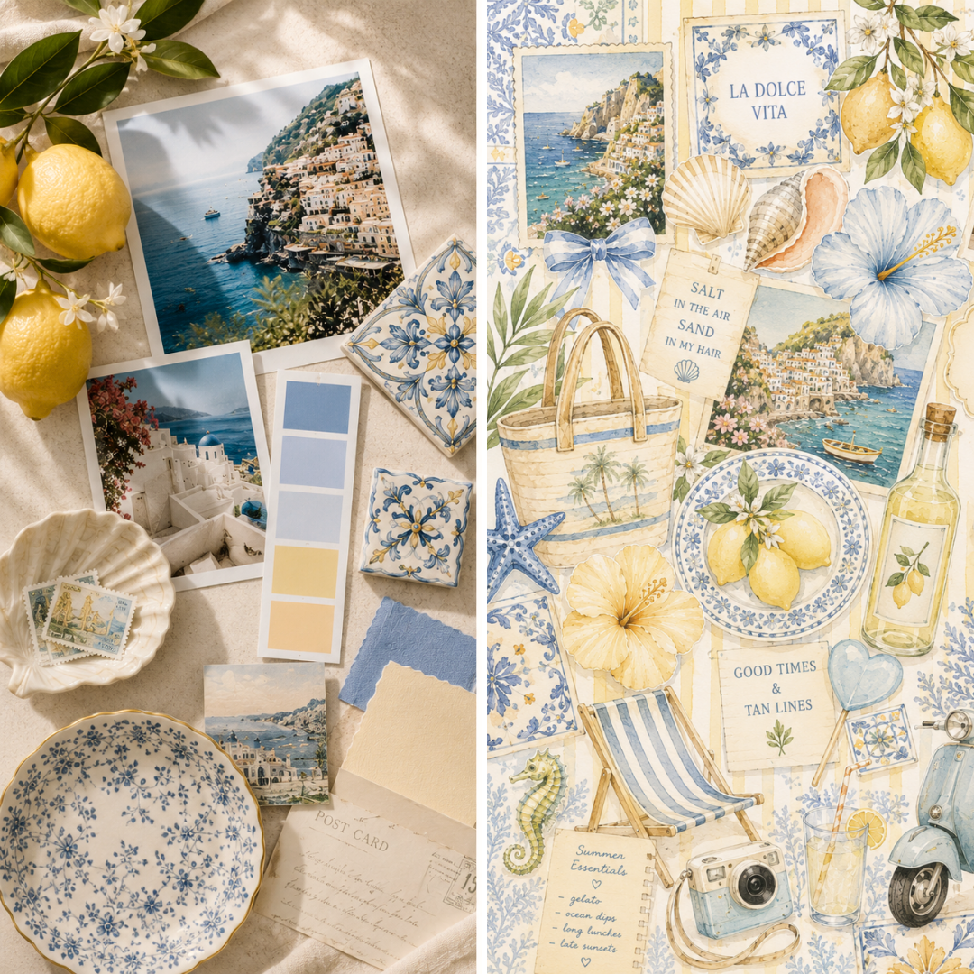 Collage of lemons, scenic photos, and decorative items with a coastal theme.