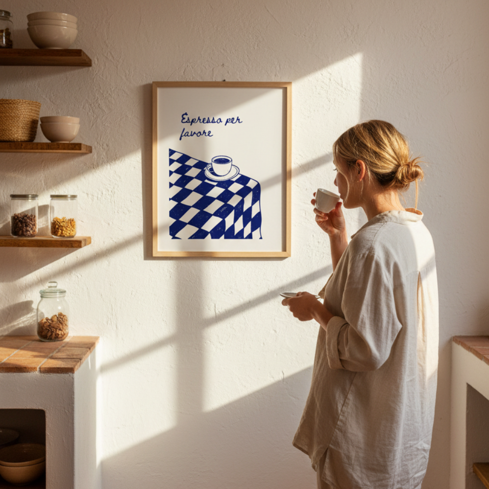 Woman in a kitchen holding a coffee cup, standing in front of a framed print on the wall.