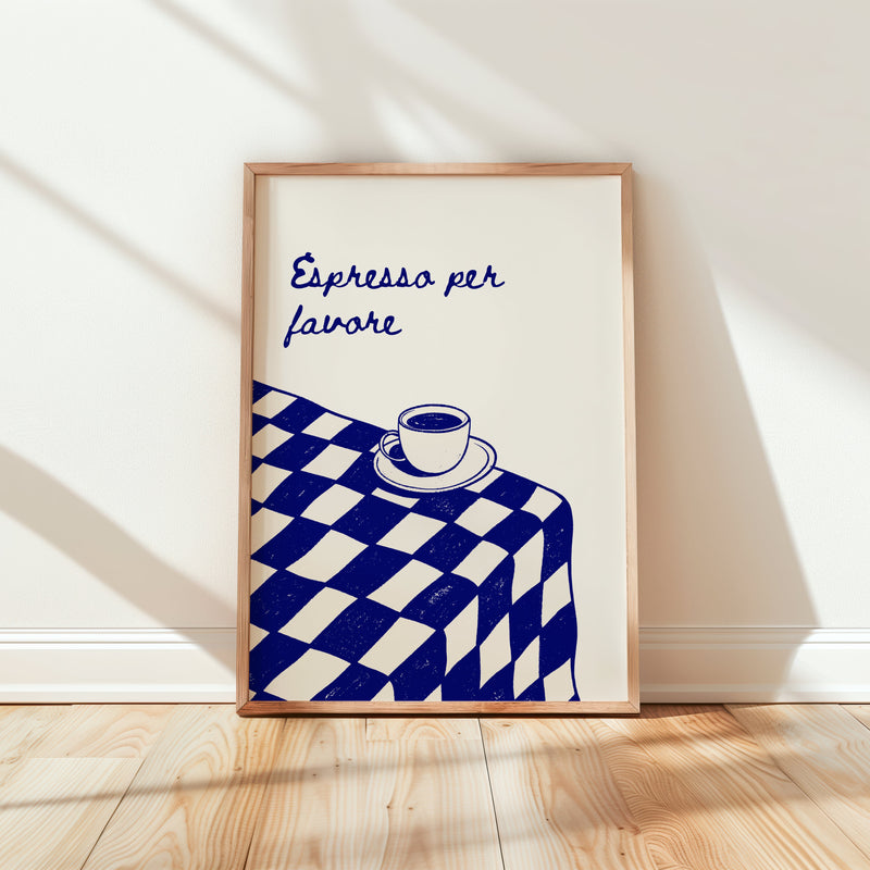 Framed artwork with a coffee cup on a checkered tablecloth and 'Espresso per favore' text on a white wall.