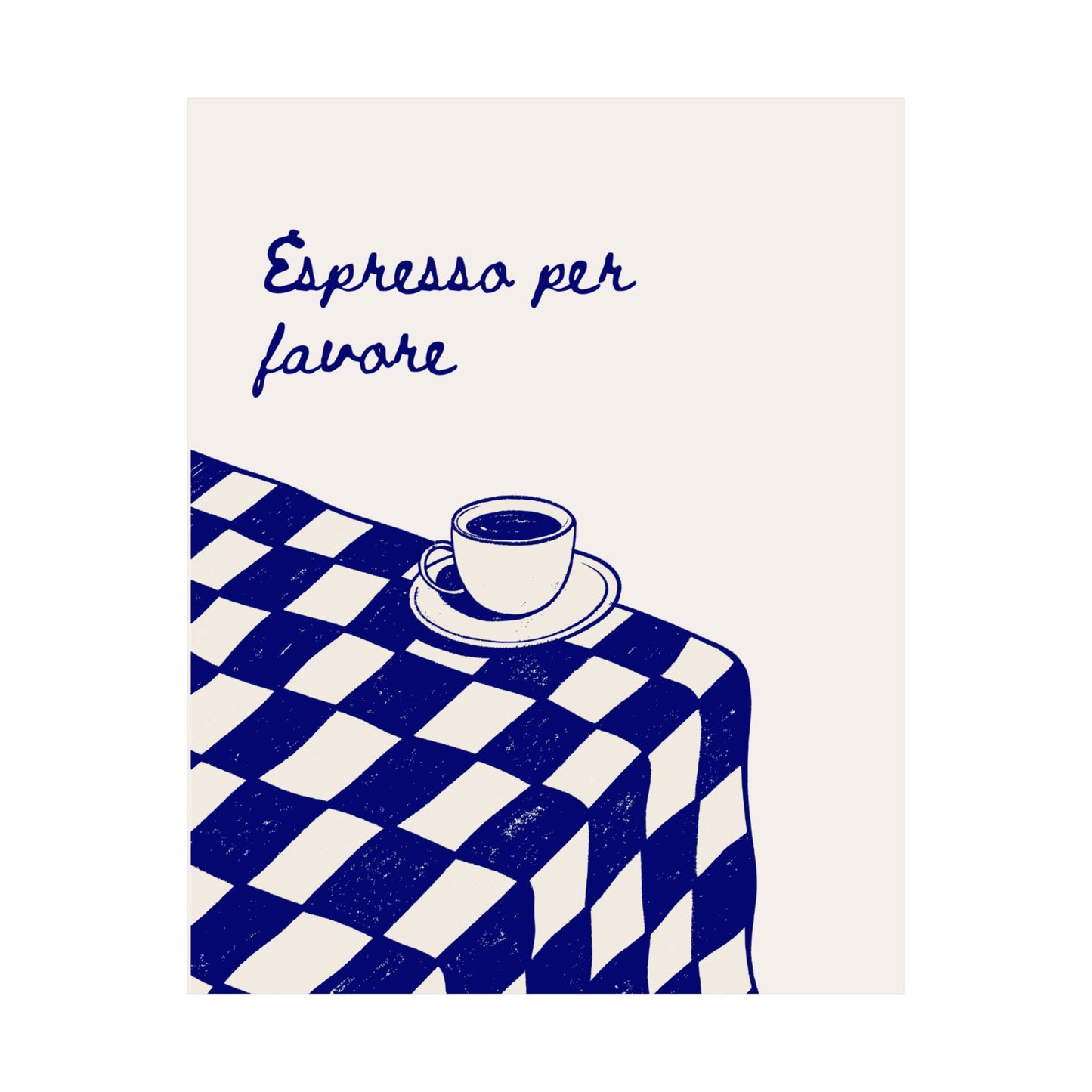 Illustration of a coffee cup on a checkered tablecloth with 'Espresso per favore' text.