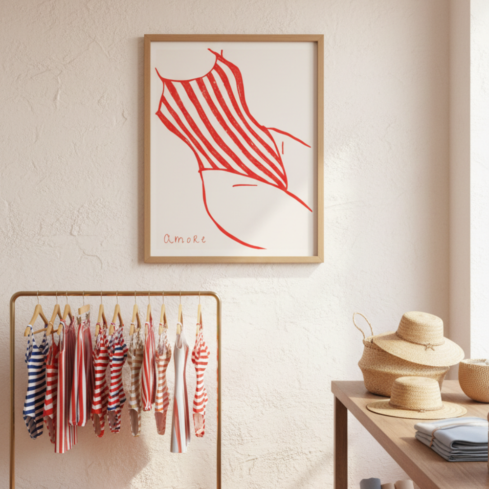 Room interior with a rack of striped shirts, a framed swimsuit artwork, and a table with hats.