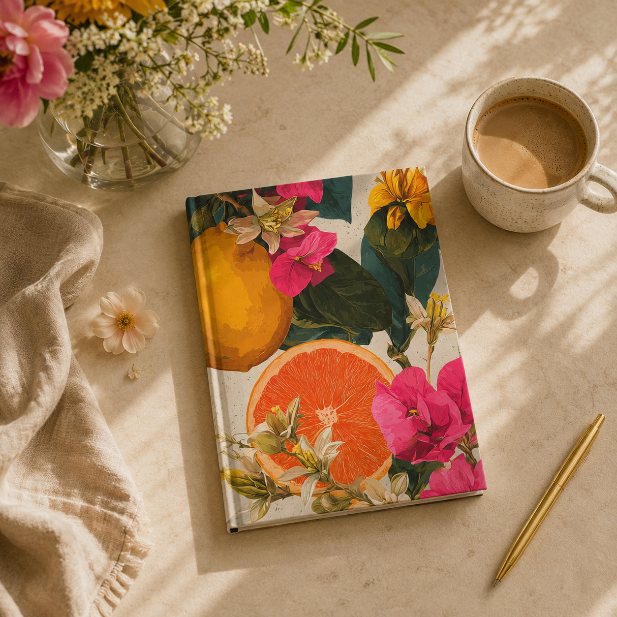 Floral citrus notebook with a cup of coffee and flowers on a light surface