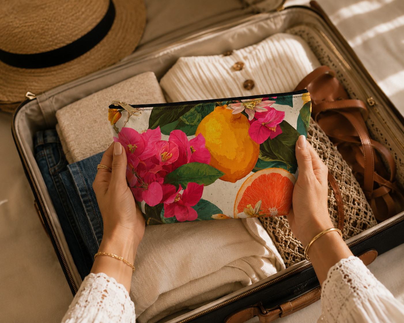 Floral Citrus Travel Organizer Bag Packing scene
