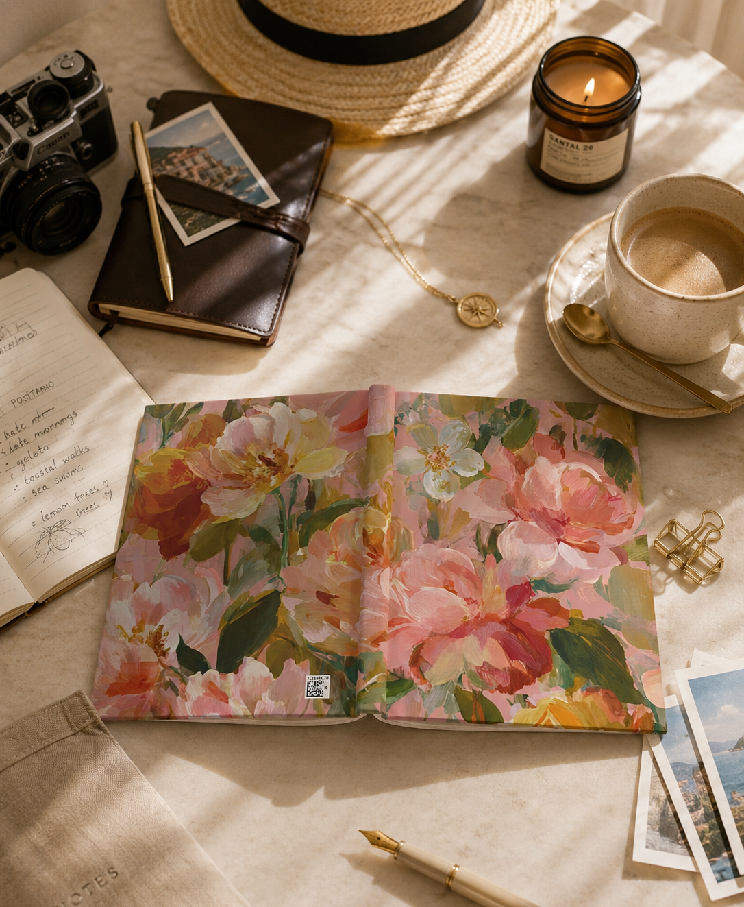 Floral notebook on a table with a camera, notebook, and other items.