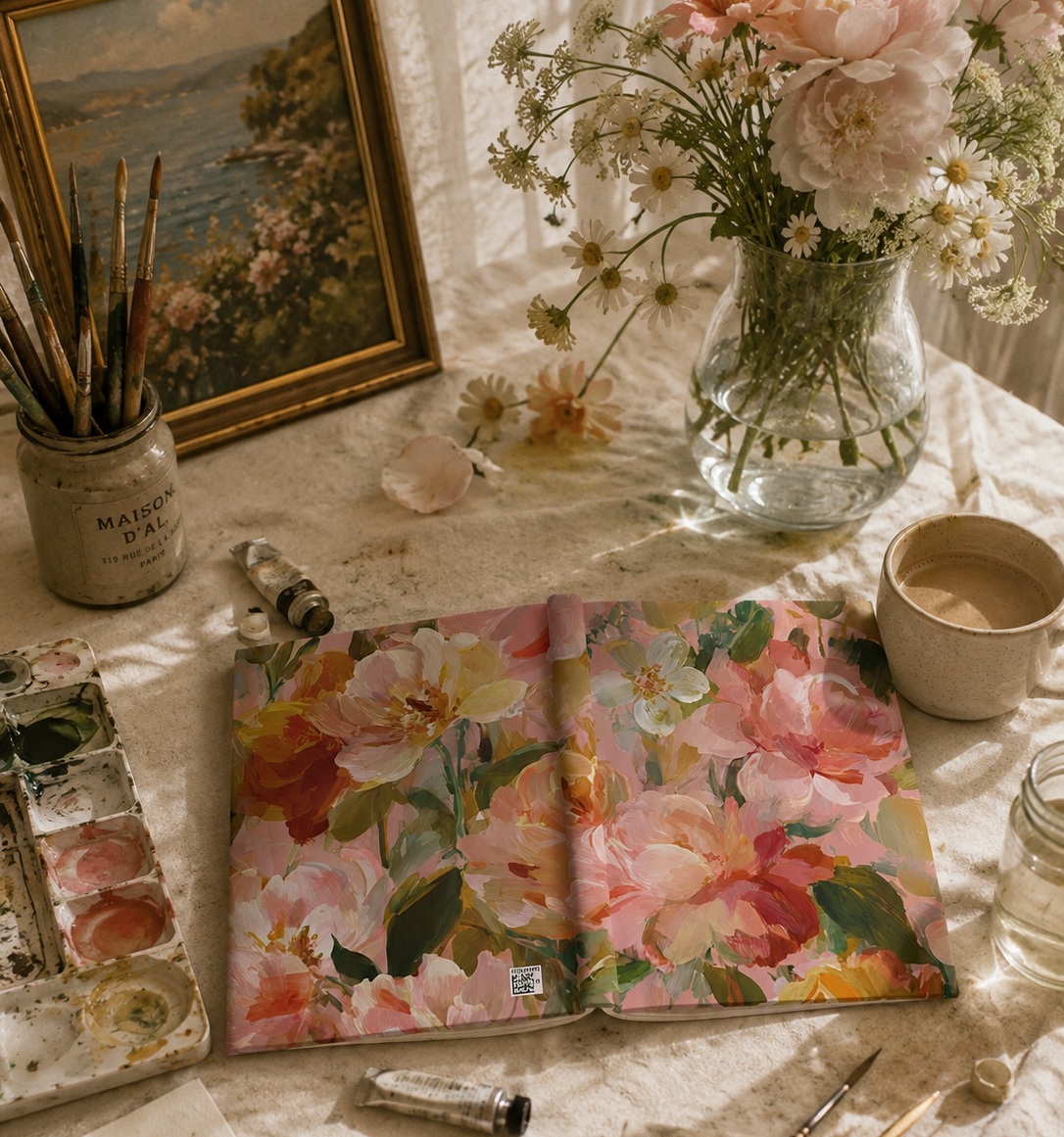 Floral notebook on a table with art supplies and a painting in the background