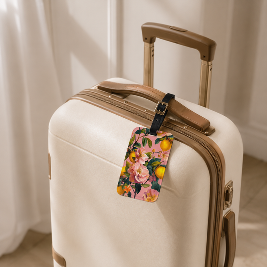 Beige suitcase with a floral luggage tag on a neutral background