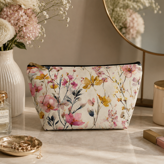 Floral-patterned makeup bag on a table with flowers and candles in the background