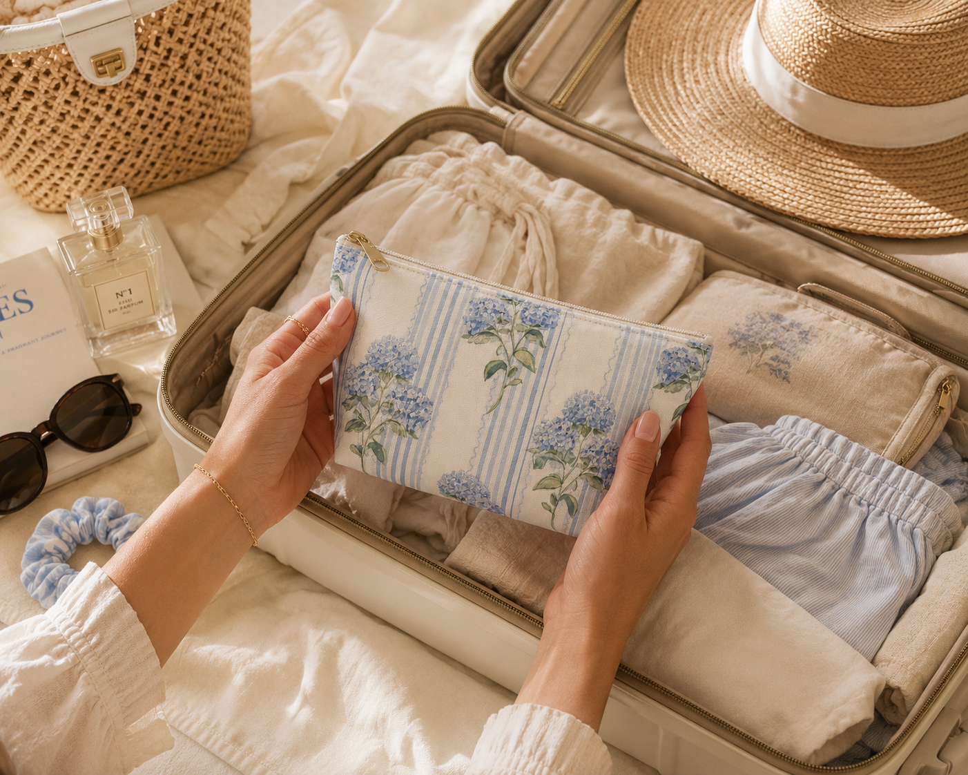 Woman packing a floral hydrangea pouch into an open suitcase with a straw hat and sunglasses nearby.