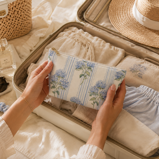 Woman packing a floral hydrangea pouch into an open suitcase with a straw hat and sunglasses nearby.