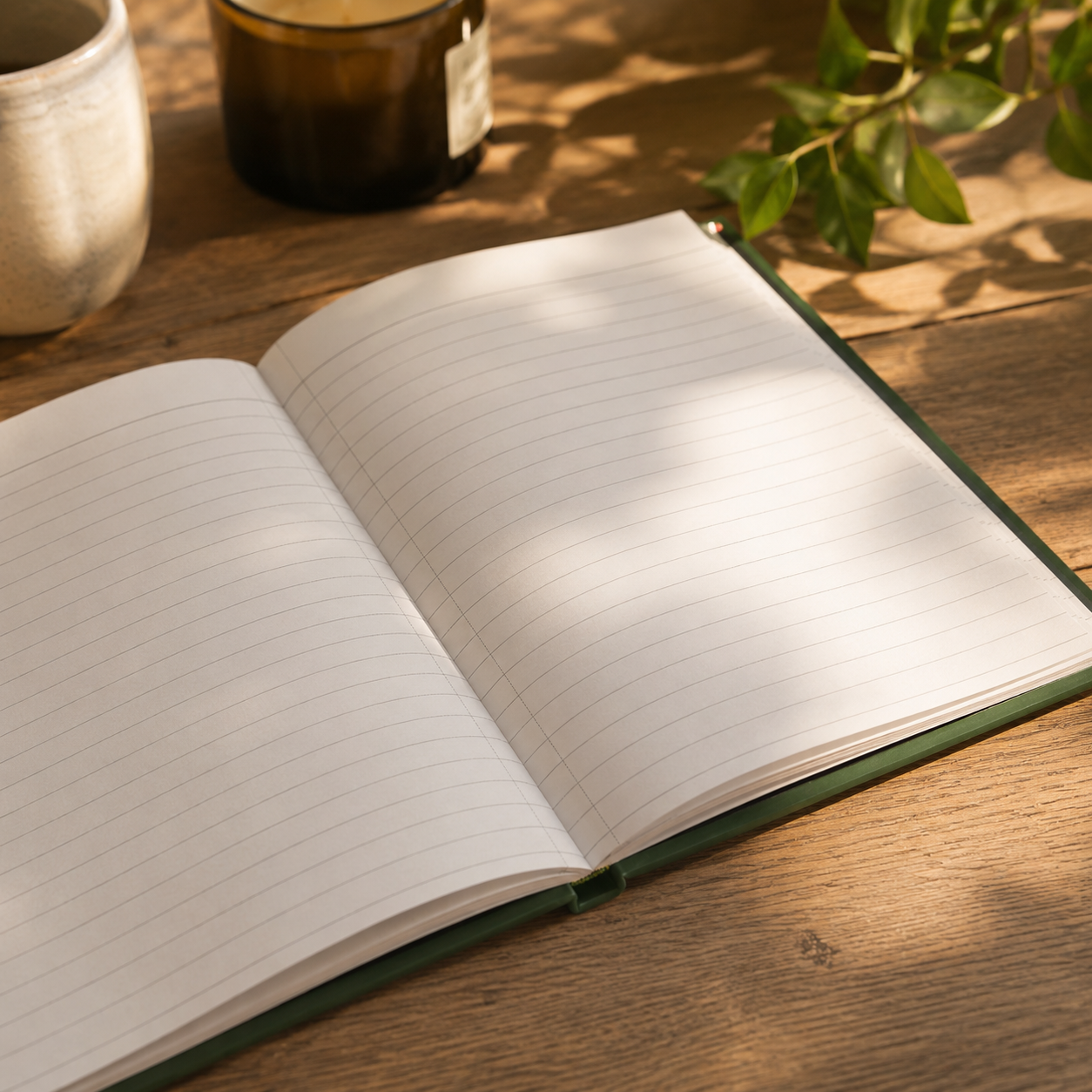 Open forest green notebook on a wooden surface with a cup and plant in the background