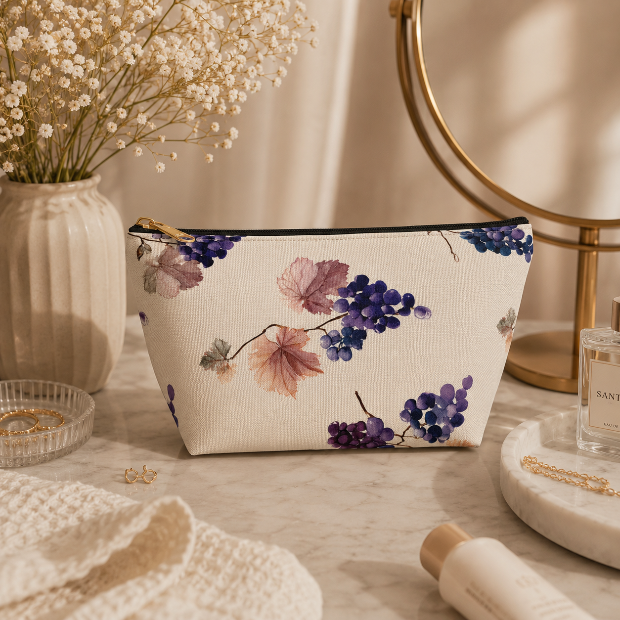 Floral makeup bag on a table with decorative items