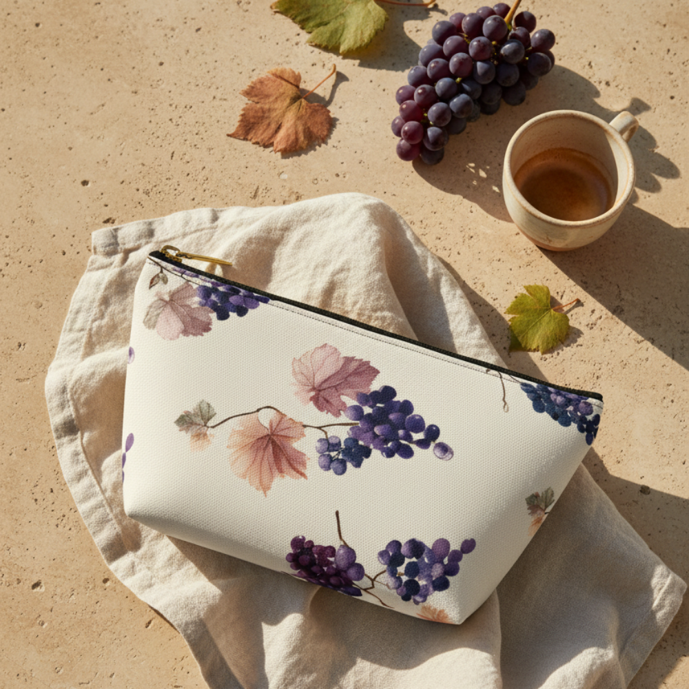 Floral-patterned pouch on a beige surface with grapes and a cup.