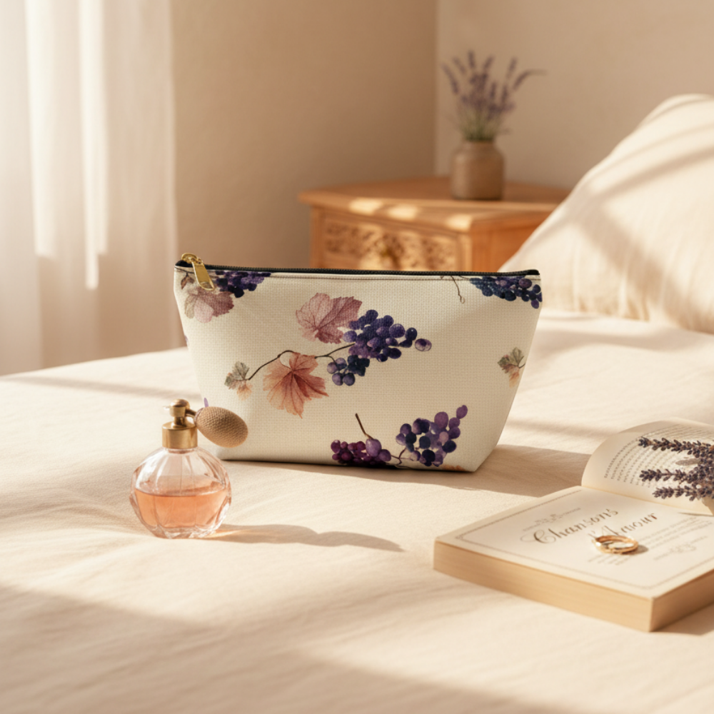 Floral-patterned pouch on a bed with a perfume bottle and book nearby