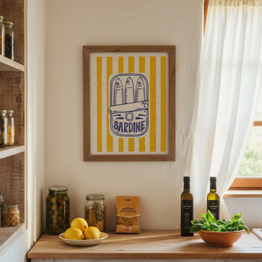 Kitchen interior with a framed art print print, lemons, and bottles on a wooden counter.